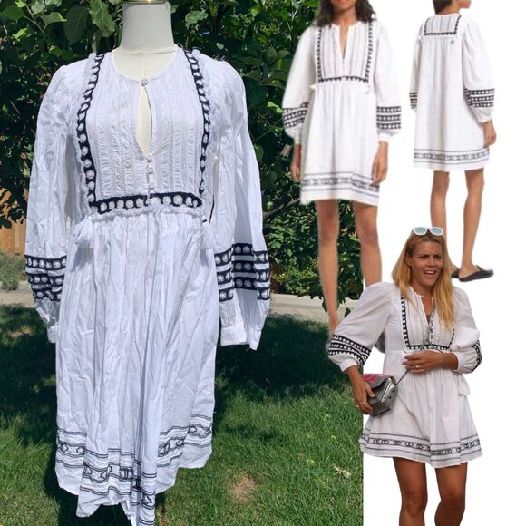 SEA NEW YORK Amelie White Lace Bib Embroidered Day Dress, Sz 10 - Picture 1 of 15